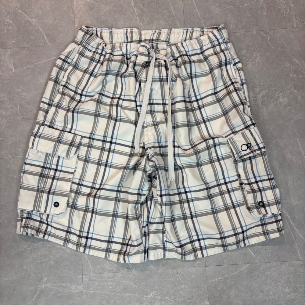 Ocean Pacific Mens White Plaid Cargo Board Shorts Swim Trunks XL OM13201Y